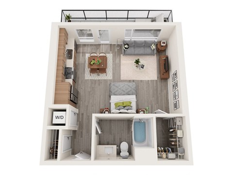 Floor plan for studio, 1 bath, 599 sqft